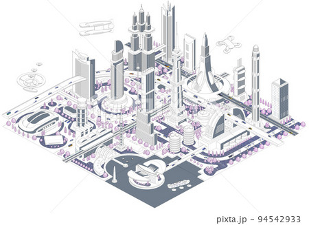 ブロックのように組み合わせれば大きな未来都市になる街並みイラスト　バリエーションあり 94542933