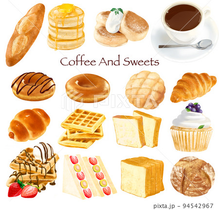 喫茶店ーパンとコーヒースイーツのイラストセットー手描き素材 喫茶店ーパンとコーヒースイーツのイラストセットー手描き素材 94542967