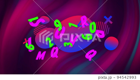 Image of text huge sale, with colourful letters and numbers, over swirling dark pink and blue 94542993