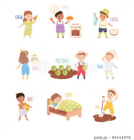 Verbs Study with Little Kids Doing Different Activity Demonstrating Vocabulary Vector Set Verbs Study with Little Kids Doing Different Activity Demonstrating Vocabulary Vector Set 94543978