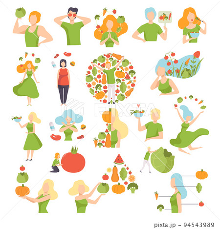 Vegetarianism with Male and Female with Healthy Vegan Food Having Light and Energy Big Vector Set 94543989