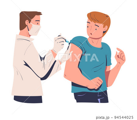 Vaccination with Man Character Vaccinated in Her Upper Arm with Doctor Holding Syringe Vector Illustration Vaccination with Man Character Vaccinated in Her Upper Arm with Doctor Holding Syringe Vector Illustration 94544025
