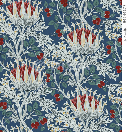 Floral seamless pattern with big red flowers and foliage on dark blue background. Vector illustration. 94544177