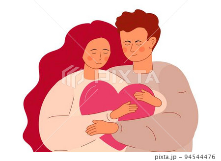 Woman with long hair and man hug big heart carefully. Wife and husband are holding red heart in her hands. 94544476