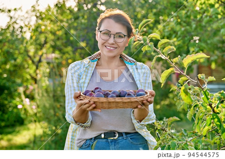 Middle aged woman with harvest of plums in a wicker plate outdoor Middle aged woman with harvest of plums in a wicker plate outdoor 94544575