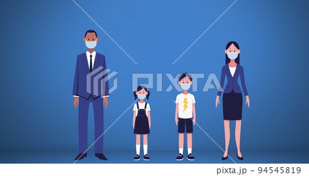 Family wearing face masks icon against blue background Family wearing face masks icon against blue background 94545819