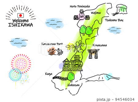 石川県の観光地のシンプル線画イラストマップ 石川県の観光地のシンプル線画イラストマップ 94546034