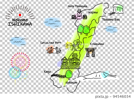 Simple line drawing illustration map of sightseeing spots in Ishikawa Prefecture 94546034
