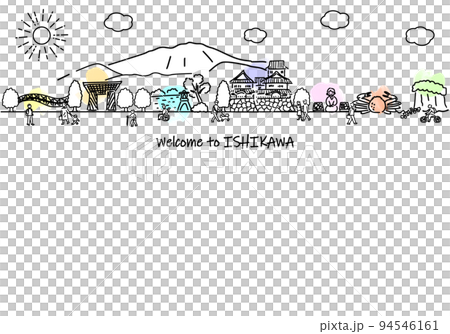 Simple line drawing illustration of the streets and people of sightseeing spots in Ishikawa Prefecture 94546161
