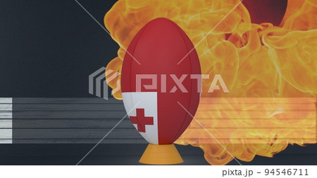 Composition of rugby ball decorated with the flag of tonga on black background with smoke 94546711