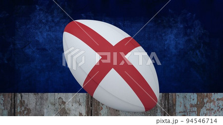 Composition of rugby ball decorated with the flag of england on black background 94546714