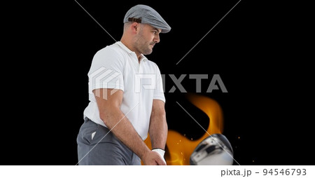 Composition of male golf player over flames on black background Composition of male golf player over flames on black background 94546793