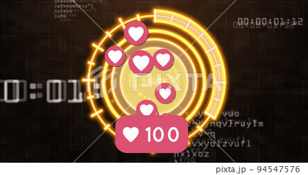 Image of social media icons with growing number and scope scanning over data processing 94547576