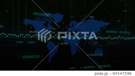 Image of scope scanning with padlock icon over data processing and world map on black background Image of scope scanning with padlock icon over data processing and world map on black background 94547596