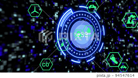 Image of scope scanning with data processing abd icons over moving columns Image of scope scanning with data processing abd icons over moving columns 94547614