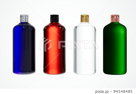 Four different shampoo bottles, plastic cosmetic packaging assorted set 3D render isolated on white background, mock-up ready hair care product 94548485