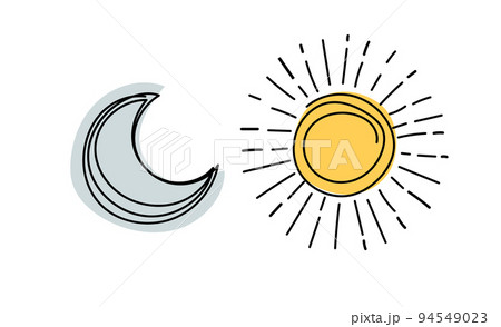 Outline weather icons set, crescent moon and sun, simple boho hand drawing. Vector line illustration isolated on white background. 94549023
