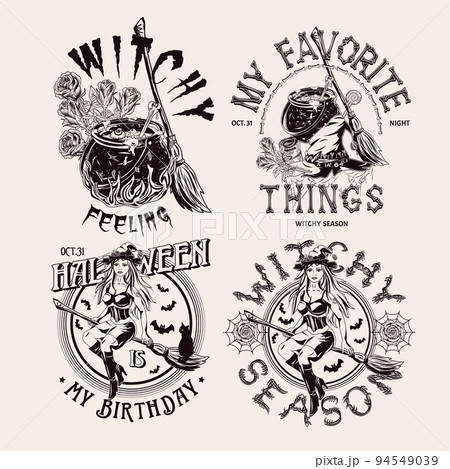Set of halloween vintage labels with pretty young witch, broomstick, moon, roses, cauldron, bones, spiderweb, text, silhouette of bat, cat. Monochrome emblems in vintage style on white background 94549039