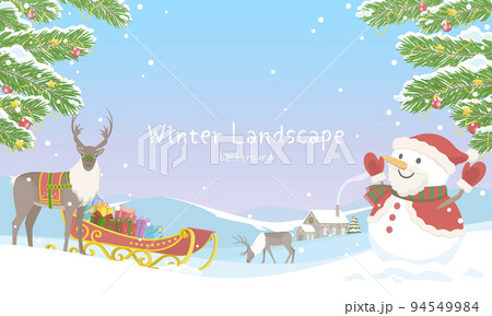 クリスマスの背景イラスト　モミの木の装飾とトナカイがいる雪景色 94549984