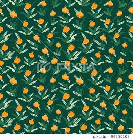 Cotton flowers plants field green vector seamless pattern with hand drawn elements. Great for fabric, textiles, cute tiny prints, clothing, wrapping and more 94550105