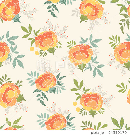 Colourful orange yellow peonies with green leaves on light ground vector seamless pattern design. Great for fabric, textiles, packaging, covers, walls, and more 94550170