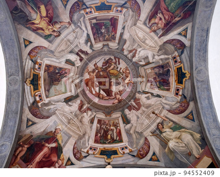 Mars holds the Medici coat of arms between putti fresco by Bernardino Poccetti Ospedale degli Innocenti - Exterior arcade, Florence, Italy Mars holds the Medici coat of arms between putti fresco by Bernardino Poccetti Ospedale degli Innocenti - Exterior arcade, Florence, Italy 94552409