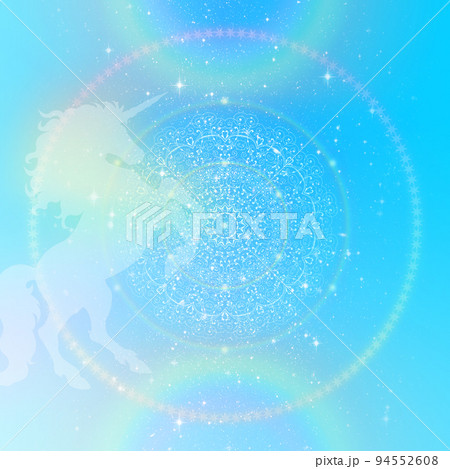 ターコイズブルーと虹の宇宙空間の中心にマンダラがあり淡いシルエットのユニコーンのあるイラスト背景素材 94552608