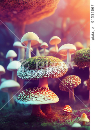 Big dreamy fantasy mushrooms in magic forest. Hallucinogenic psilocybin-containing mushrooms grow in natural environment. 3D illustration Big dreamy fantasy mushrooms in magic forest. Hallucinogenic psilocybin-containing mushrooms grow in natural environment. 3D illustration 94552667