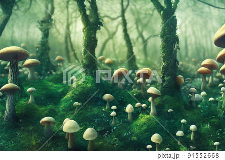 Dreamy fantasy mushrooms in magic forest. 3D illustration Dreamy fantasy mushrooms in magic forest. 3D illustration 94552668