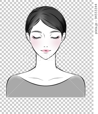 目を閉じた黒髪のアジア女性　正面（服着用） 94553344