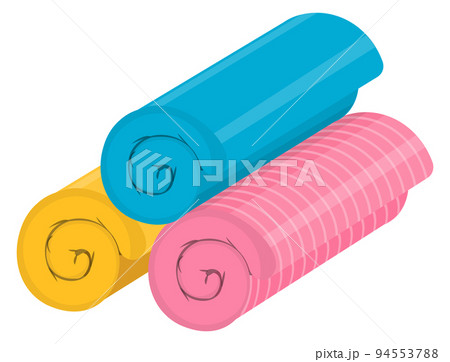 Rolled towels. Colorful cartoon fabric. Spa symbol 94553788