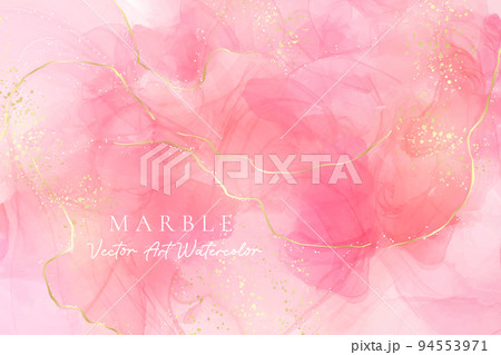 Rose pink liquid watercolor background with golden confetti. Dusty blush marble alcohol ink drawing effect. Vector illustration design template for wedding invitation, menu, rsvp 94553971