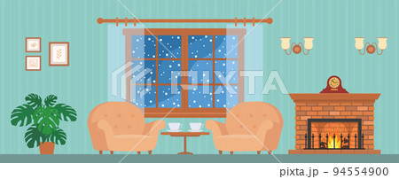 Fireplace, two cozy armchairs and window in interior 94554900