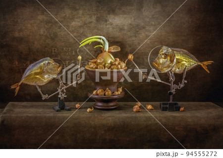 Still life with moonfish and growing onions Still life with moonfish and growing onions 94555272