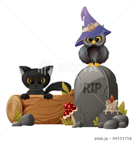 Cute halloween characters. Owl in a sorcery hat and black cat. Tombstone with candle, agaric and log 94555758