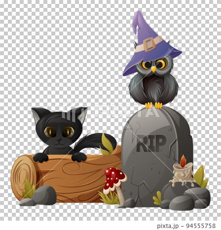 Cute halloween characters. Owl in a sorcery hat and black cat. Tombstone with candle, agaric and log 94555758