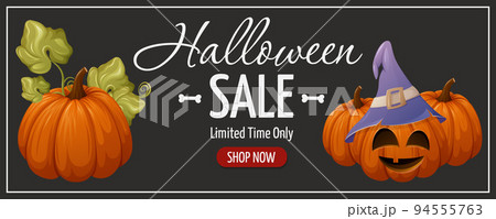 Halloween sale flyer. Pumpkin in a sorcery hat. Season vegetable, garden plant. Vector illustration Halloween sale flyer. Pumpkin in a sorcery hat. Season vegetable, garden plant. Vector illustration 94555763