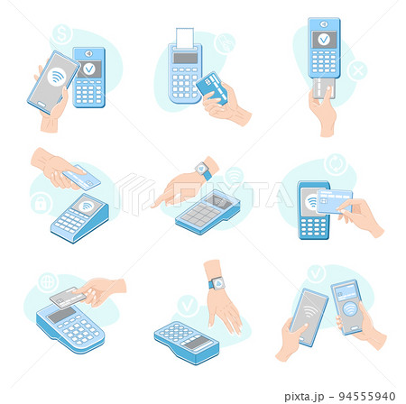 Contactless Payment with Hand Paying with Smartphone, Plastic Card and Wrist Watch Vector Set Contactless Payment with Hand Paying with Smartphone, Plastic Card and Wrist Watch Vector Set 94555940