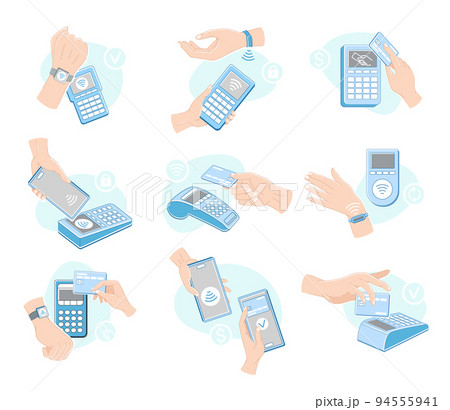 Contactless Payment with Hand Paying with Smartphone, Plastic Card and Wrist Watch Vector Set 94555941