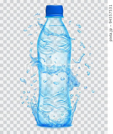 Transparent water splashes in light blue colors around a transparent plastic bottle 94557531