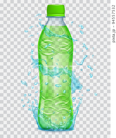 Transparent water splashes in blue colors around a transparent plastic bottle with green juice 94557532