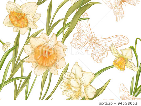Daffodils and tulips flowers, the early spring flowers. Seamless pattern Daffodils and tulips flowers, the early spring flowers. Seamless pattern 94558053