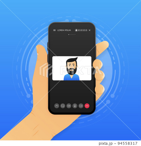 Hand holding smartphone with Video Call. Mobile speaking in video chat concept. Vector illustration. 94558317