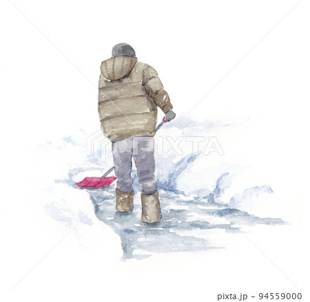 雪かきをする人　水彩画 94559000