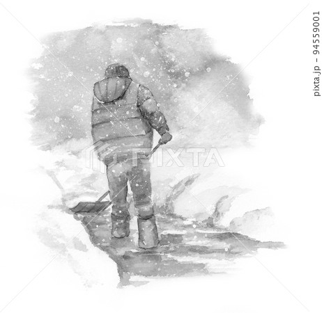 雪かきをする人　モノクロ画 94559001