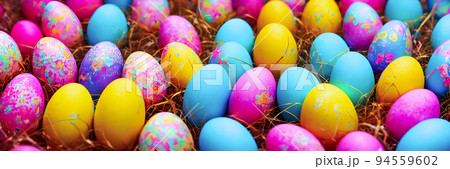 Colorful Easter Eggs Background. Banner size. 3D Colorful Easter Eggs Background. Banner size. 3D 94559602