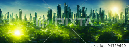 Green city of the future. Eco City of the future. Harmony of city and nature. Sunrise in the big city. Banner size Green city of the future. Eco City of the future. Harmony of city and nature. Sunrise in the big city. Banner size 94559660