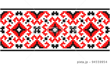 Seamless traditional Slavic ornament embroidered cross-stitch.Red black and white. 94559954