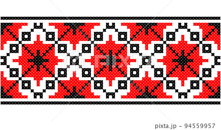 Seamless traditional Slavic ornament embroidered cross-stitch.Red black and white. 94559957