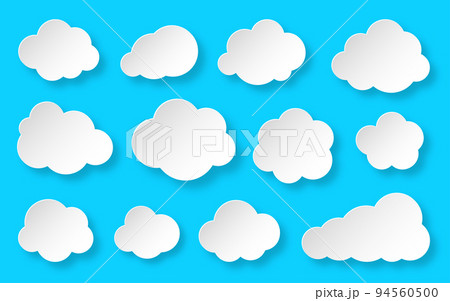 Paper cut clouds set on blue sky background. Forecast white cute cloud icon symbol collection. Cartoon style origami web banner with light and shadows. Various round shapes speech think bubble concept 94560500